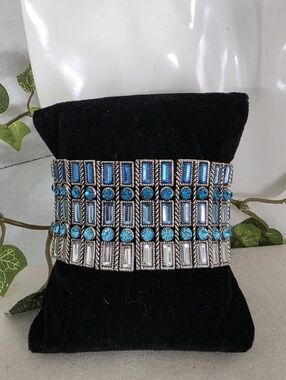 Silver Statement Metal Wide Bracelet With Blue Accent Stones